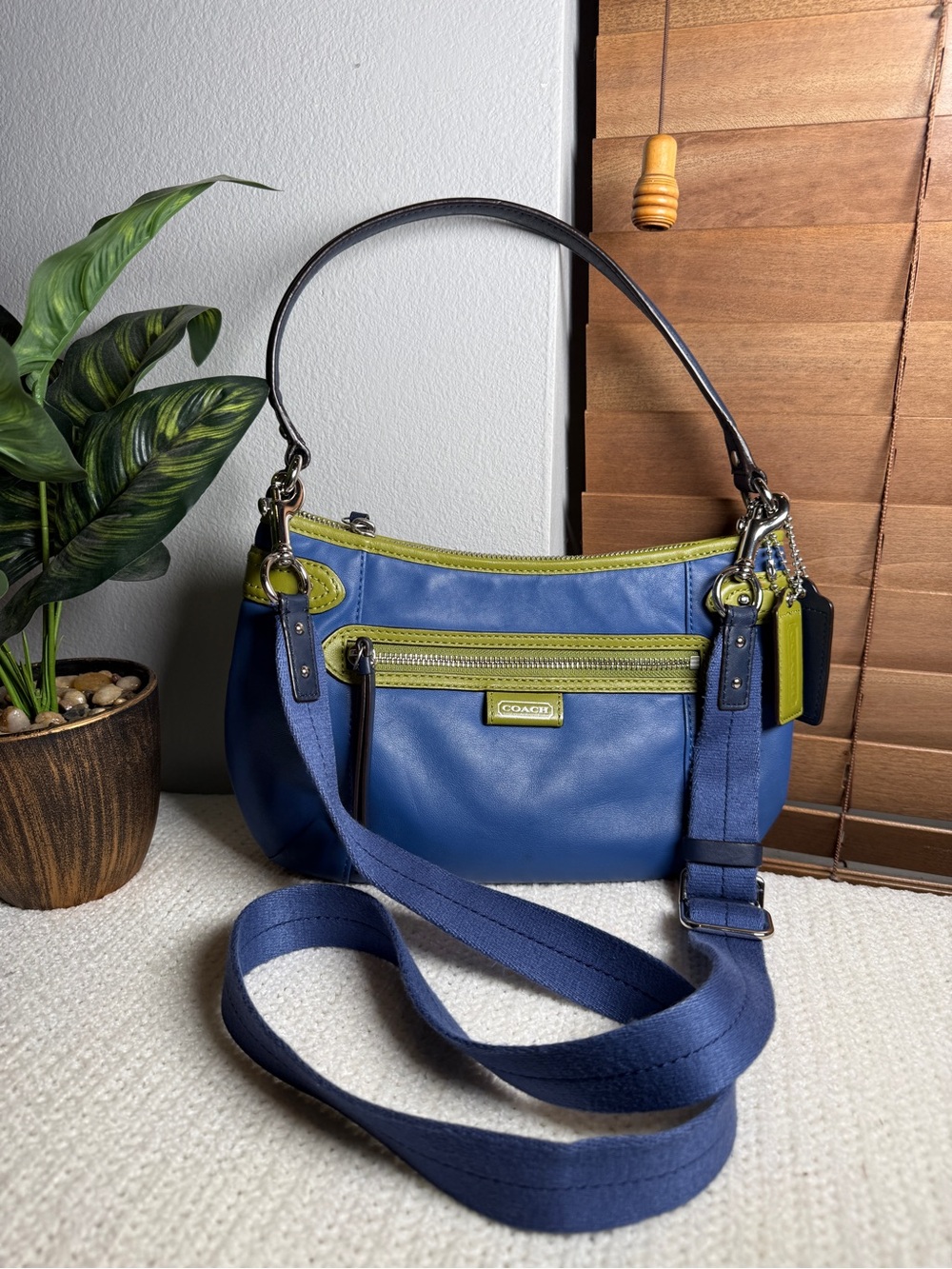 Coach Blue Leather Shoulder Bag with Lime Green Trim
